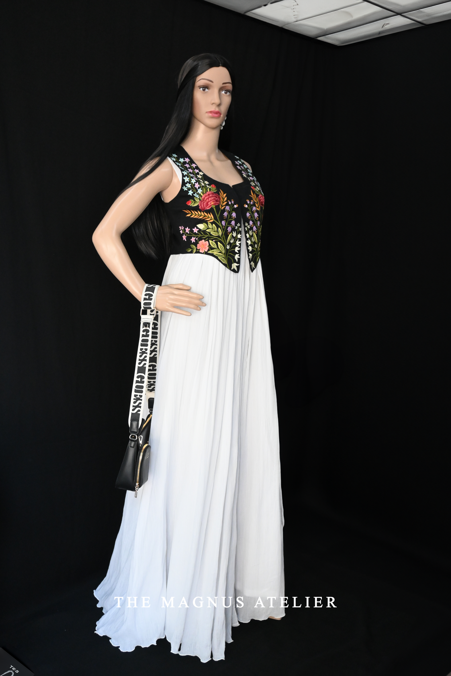 White long  women's maxi dress with black embroidered linen jacket