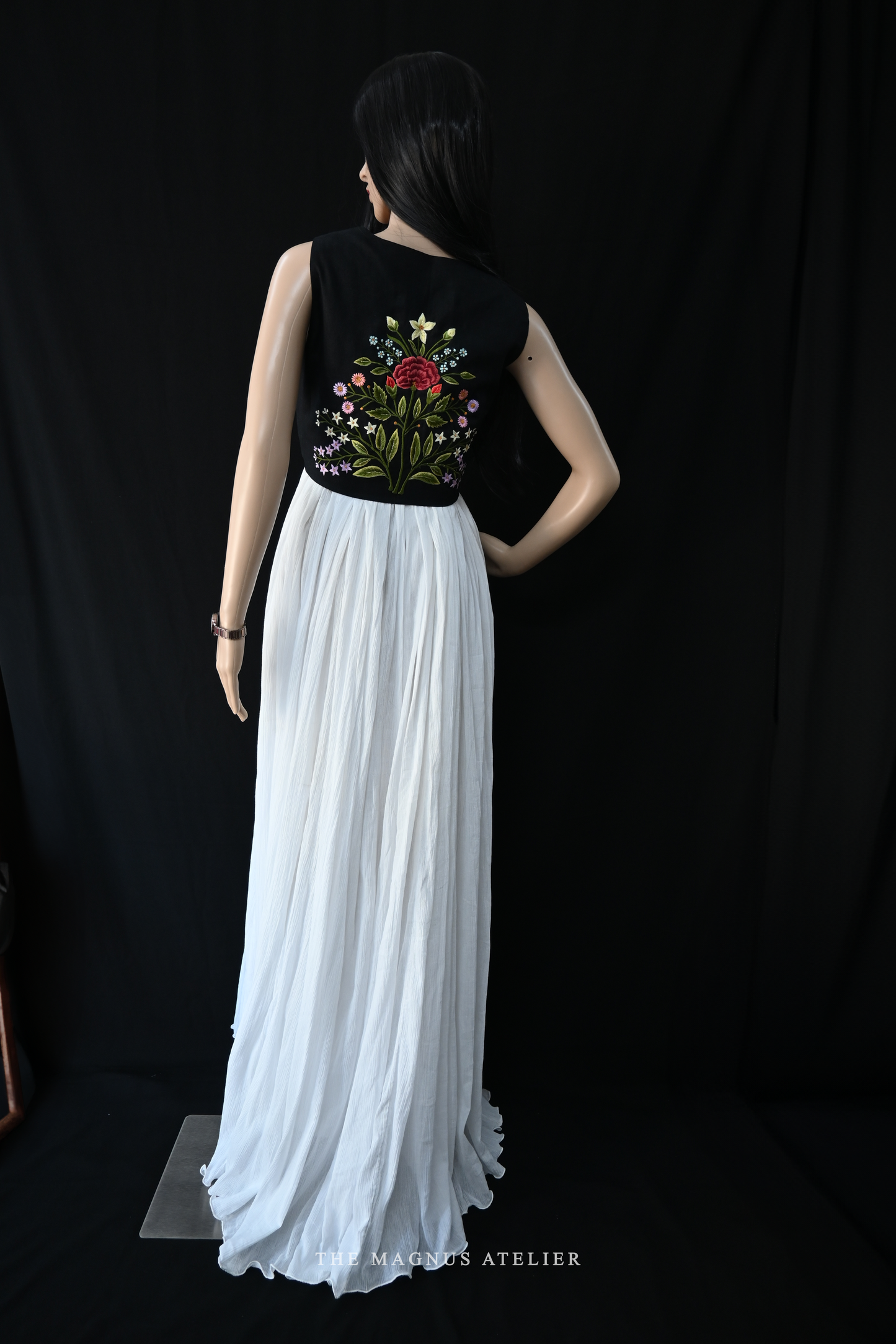 White long  women's maxi dress with black embroidered linen jacket