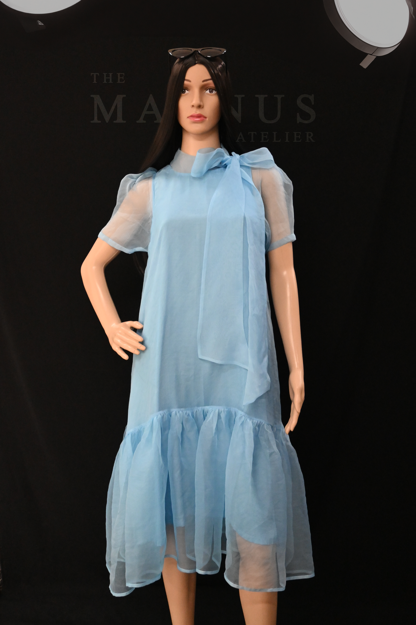 Elegant Sky-Blue Sheer Organza Dress with Ruffled Hem