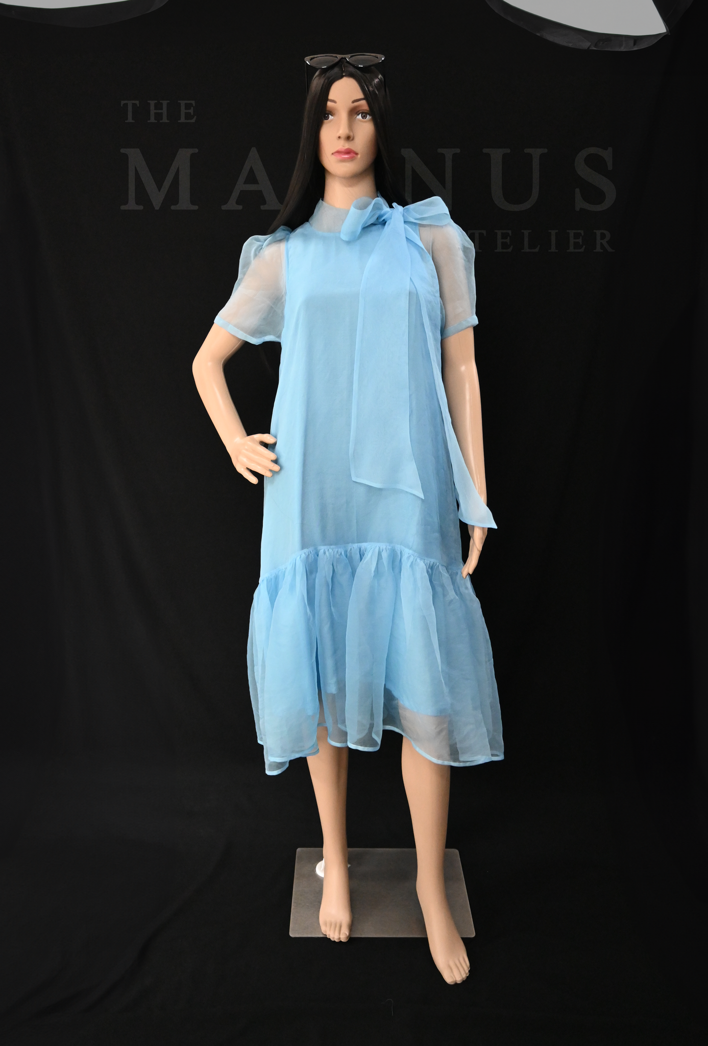 Elegant Sky-Blue Sheer Organza Dress with Ruffled Hem