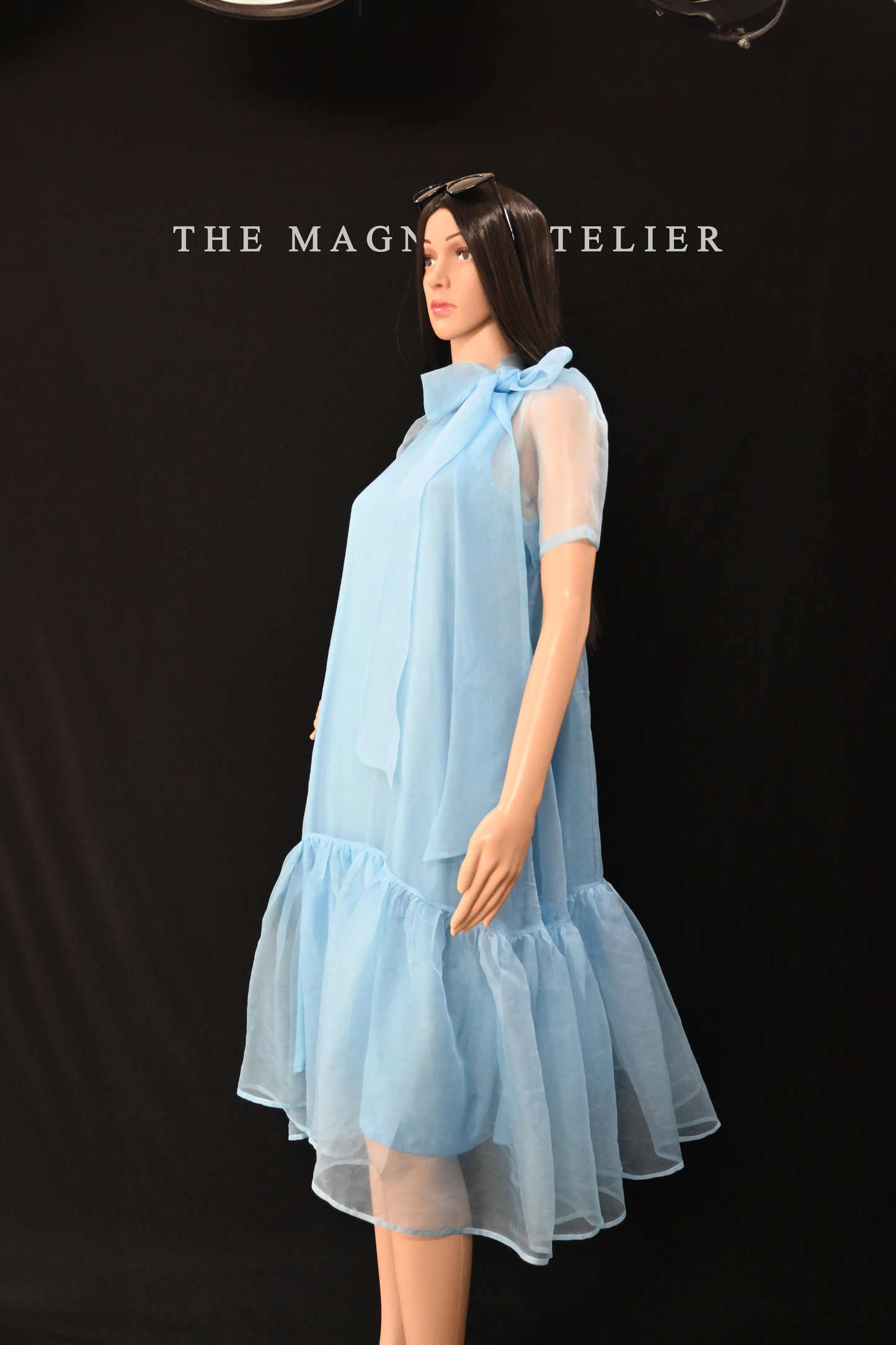 Elegant Sky-Blue Sheer Organza Dress with Ruffled Hem