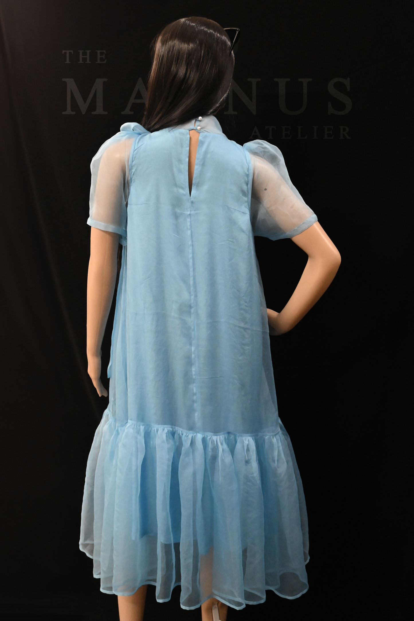 Elegant Sky-Blue Sheer Organza Dress with Ruffled Hem